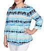 Ruby Rd. Plus Size Soft Jersey Knit Mixed Floral Watercolor Stripe Boat Neck 3/4 Sleeve Top, Color:Lagoon Multi - Image 4