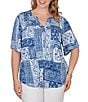 Ruby Rd. Plus Size Soft Knit Patchwork Print Split V-Neck Short Sleeve Tee Top - Image 1