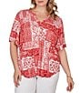 Ruby Rd. Plus Size Soft Knit Patchwork Print Split V-Neck Short Sleeve Tee Top - Image 4