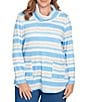 Ruby Rd. Plus Size Soft Ribbed Knit Stripe Draped Cowl Neck Long Sleeve Top, Color:Bluebell Multi - Image 1