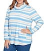 Ruby Rd. Plus Size Soft Ribbed Knit Stripe Draped Cowl Neck Long Sleeve Top, Color:Bluebell Multi - Image 4