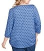Ruby Rd. Plus Size Soft Stretch Jersey Printed Crew Neck 3/4 Sleeve Stripe-Tipped Trim Side Ruched Top, Color:Slate Blue - Image 2