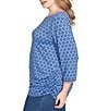 Ruby Rd. Plus Size Soft Stretch Jersey Printed Crew Neck 3/4 Sleeve Stripe-Tipped Trim Side Ruched Top, Color:Slate Blue - Image 3