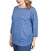 Ruby Rd. Plus Size Soft Stretch Jersey Printed Crew Neck 3/4 Sleeve Stripe-Tipped Trim Side Ruched Top, Color:Slate Blue - Image 4