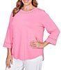 Ruby Rd. Plus Size Soft Textured Knit Crew Neck 3/4 Sleeve Lace Trim Top - Image 4