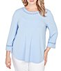 Ruby Rd. Plus Size Soft Textured Knit Crew Neck 3/4 Sleeve Lace Trim Top - Image 5
