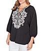 Ruby Rd. Plus Size Soft Woven Embroidered Split V-Neck 3/4 Sleeve Top - Image 4