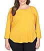 Color:Gold - Image 1 - Plus Size Solid Crepe Knit Gathered Scoop Neck 3/4 Sleeve Top