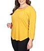 Color:Gold - Image 3 - Plus Size Solid Crepe Knit Gathered Scoop Neck 3/4 Sleeve Top