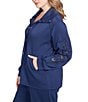 Ruby Rd. Plus Size Solid Scuba Open Floral Cut-Out Embroidered Long Sleeve Snap-Front Jacket, Color:Deep Blue - Image 3