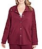 Ruby Rd. Plus Size Solid Scuba Open Floral Cut-Out Embroidered Long Sleeve Snap-Front Jacket, Color:Raisin - Image 1