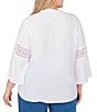 Color:White - Image 2 - Plus Size Solid Split V-Neck Lace Inset 3/4 Bell Sleeve Sleeve Top