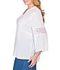 Color:White - Image 3 - Plus Size Solid Split V-Neck Lace Inset 3/4 Bell Sleeve Sleeve Top