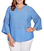Color:Blue Moon - Image 1 - Plus Size Solid Split V-Neck Lace Inset 3/4 Bell Sleeve Sleeve Top