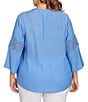 Color:Blue Moon - Image 2 - Plus Size Solid Split V-Neck Lace Inset 3/4 Bell Sleeve Sleeve Top