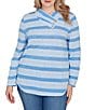 Ruby Rd. Plus Size Sparkling Metallic Stripe Knit Shawl Neck Long Sleeve Top, Color:Bluebell Multi - Image 1