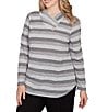 Ruby Rd. Plus Size Sparkling Metallic Stripe Knit Shawl Neck Long Sleeve Top, Color:Grey Multi - Image 4