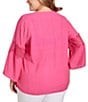 Color:Raspberry - Image 2 - Plus Size Split V-Neck Lace Inset 3/4 Sleeve Woven Gauze Top