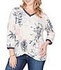 Ruby Rd. Plus Size Stamp Botanical Floral V-Neck 3/4 Sleeve Knit Top, Color:Navy Multi - Image 1