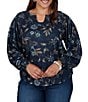 Ruby Rd. Plus Size Stretch Knit Floral Horseshoe Neck Long Sleeve Smocked Detail Top - Image 1