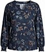 Ruby Rd. Plus Size Stretch Knit Floral Horseshoe Neck Long Sleeve Smocked Detail Top - Image 4