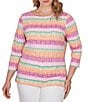 Ruby Rd. Plus Size Stripe Medallion Boat Neck 3/4 Sleeve Top - Image 1