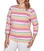 Ruby Rd. Plus Size Stripe Medallion Boat Neck 3/4 Sleeve Top - Image 3