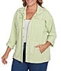 Ruby Rd. Plus Size Stripe Print Interlock Knit Wing Collar Roll-Tab Sleeve Snap-Front Jacket, Color:Avocado/White - Image 1