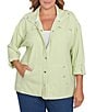 Ruby Rd. Plus Size Stripe Print Interlock Knit Wing Collar Roll-Tab Sleeve Snap-Front Jacket, Color:Avocado/White - Image 2