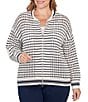 Ruby Rd. Plus Size Striped Ribbed Long Sleeve Mesh Zip-Up Sweater, Color:Ivory - Image 1