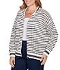Ruby Rd. Plus Size Striped Ribbed Long Sleeve Mesh Zip-Up Sweater, Color:Ivory - Image 4