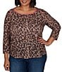 Ruby Rd. Plus Size Sublimation Knit Cheetah Scoop Neck 3/4 Sleeve Solid Trim Pullover - Image 1
