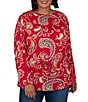 Ruby Rd. Plus Size Sueded Stretch Knit Whimsical Paisley V-Neck Long Sleeve Side Ruched Top - Image 1