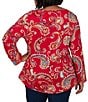 Ruby Rd. Plus Size Sueded Stretch Knit Whimsical Paisley V-Neck Long Sleeve Side Ruched Top - Image 2