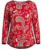 Ruby Rd. Plus Size Sueded Stretch Knit Whimsical Paisley V-Neck Long Sleeve Side Ruched Top - Image 4