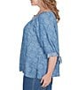 Ruby Rd. Plus Size Tencel™ Embroidered Allover Printed Keyhole Neck Elbow Tie Sleeve Top, Color:Medium Blue - Image 3