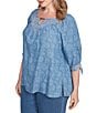 Ruby Rd. Plus Size Tencel™ Embroidered Allover Printed Keyhole Neck Elbow Tie Sleeve Top, Color:Medium Blue - Image 4