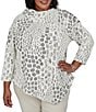 Ruby Rd. Plus Size Textured Animal Jacquard Split Cowl Neck 3/4 Sleeve Asymmetric Hem Sweater - Image 1