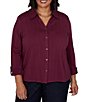 Ruby Rd. Plus Size Textured Dobby Vertical Stripe Point Collar Long Roll-Tab Sleeve Button-Front Shirt - Image 1