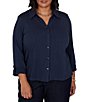Ruby Rd. Plus Size Textured Dobby Vertical Stripe Point Collar Long Roll-Tab Sleeve Button-Front Shirt - Image 5