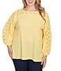Ruby Rd. Plus Size Textured Eyelet Trim Boat Neck Bracelet Length Sleeve Knit Top, Color:Lemon - Image 1