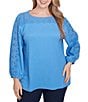 Ruby Rd. Plus Size Textured Eyelet Trim Boat Neck Bracelet Length Sleeve Knit Top, Color:Bluebird - Image 1