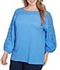Ruby Rd. Plus Size Textured Eyelet Trim Boat Neck Bracelet Length Sleeve Knit Top, Color:Bluebird - Image 3