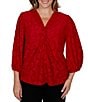 Ruby Rd. Plus Size Textured Floral Clip Jacquard V-Neck 3/4 Sleeve Top - Image 1