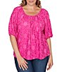 Ruby Rd. Plus Size Textured Jacquard Floral Scoop Neck Elbow Sleeve Top - Image 1