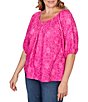 Ruby Rd. Plus Size Textured Jacquard Floral Scoop Neck Elbow Sleeve Top - Image 4