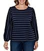 Ruby Rd. Plus Size Textured Knit Dobby Stripe Crew Neck Bracelet Length Sleeve Top - Image 1