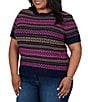 Ruby Rd. Plus Size Textured Knit Fair Isle Boat Neck Short Sleeve Ribbed Sweater - Image 3