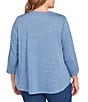 Ruby Rd. Plus Size Textured Knit Split V-Neck 3/4 Sleeve Top, Color:Indigo - Image 2