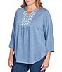 Ruby Rd. Plus Size Textured Knit Split V-Neck 3/4 Sleeve Top, Color:Indigo - Image 4